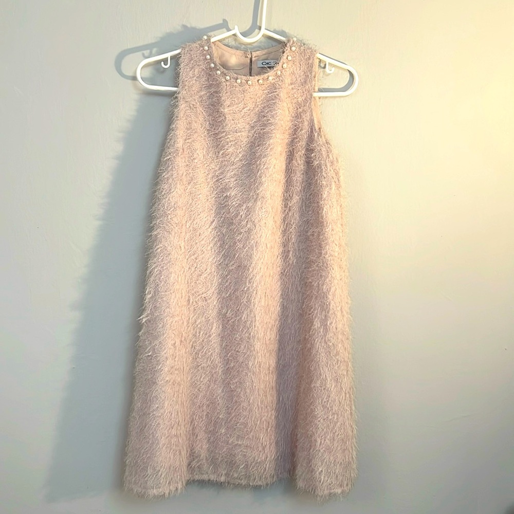 Pearl Trim Fuzzy Dress, Sleeveless Mini, Holiday Party Dress, Soft Pastel Pink